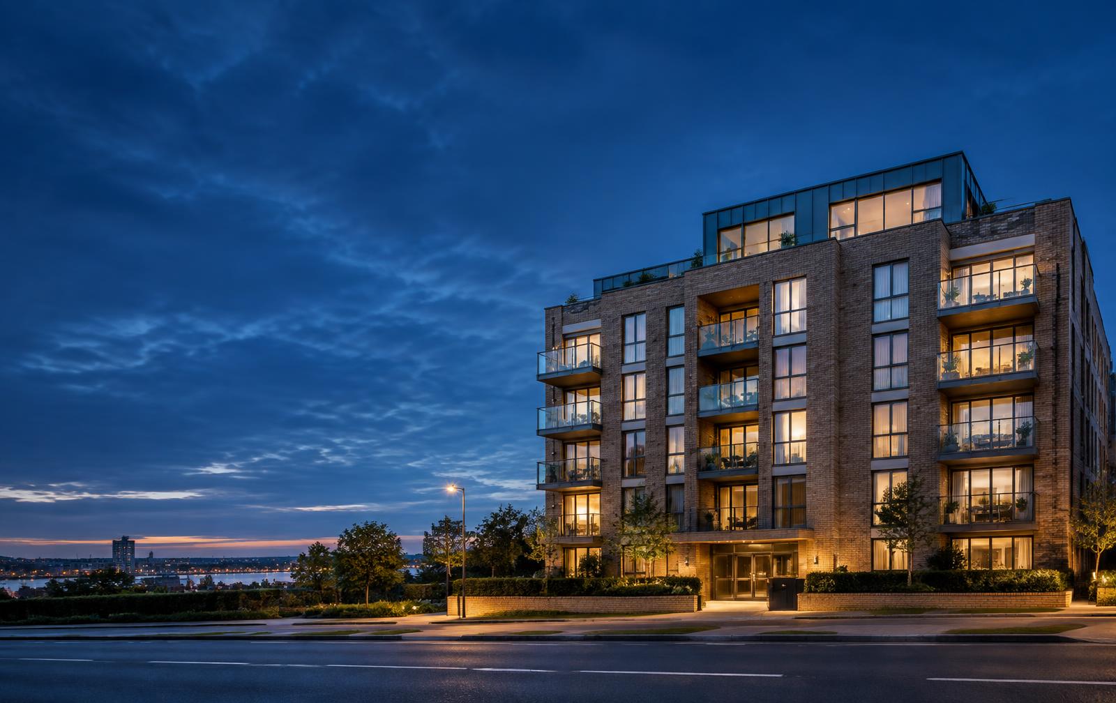 Contemporary UK residential building at dusk